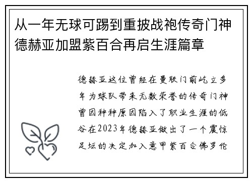 从一年无球可踢到重披战袍传奇门神德赫亚加盟紫百合再启生涯篇章