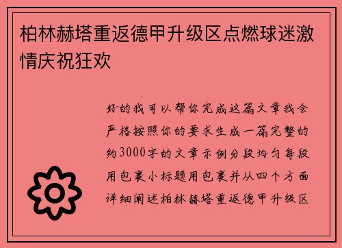 柏林赫塔重返德甲升级区点燃球迷激情庆祝狂欢